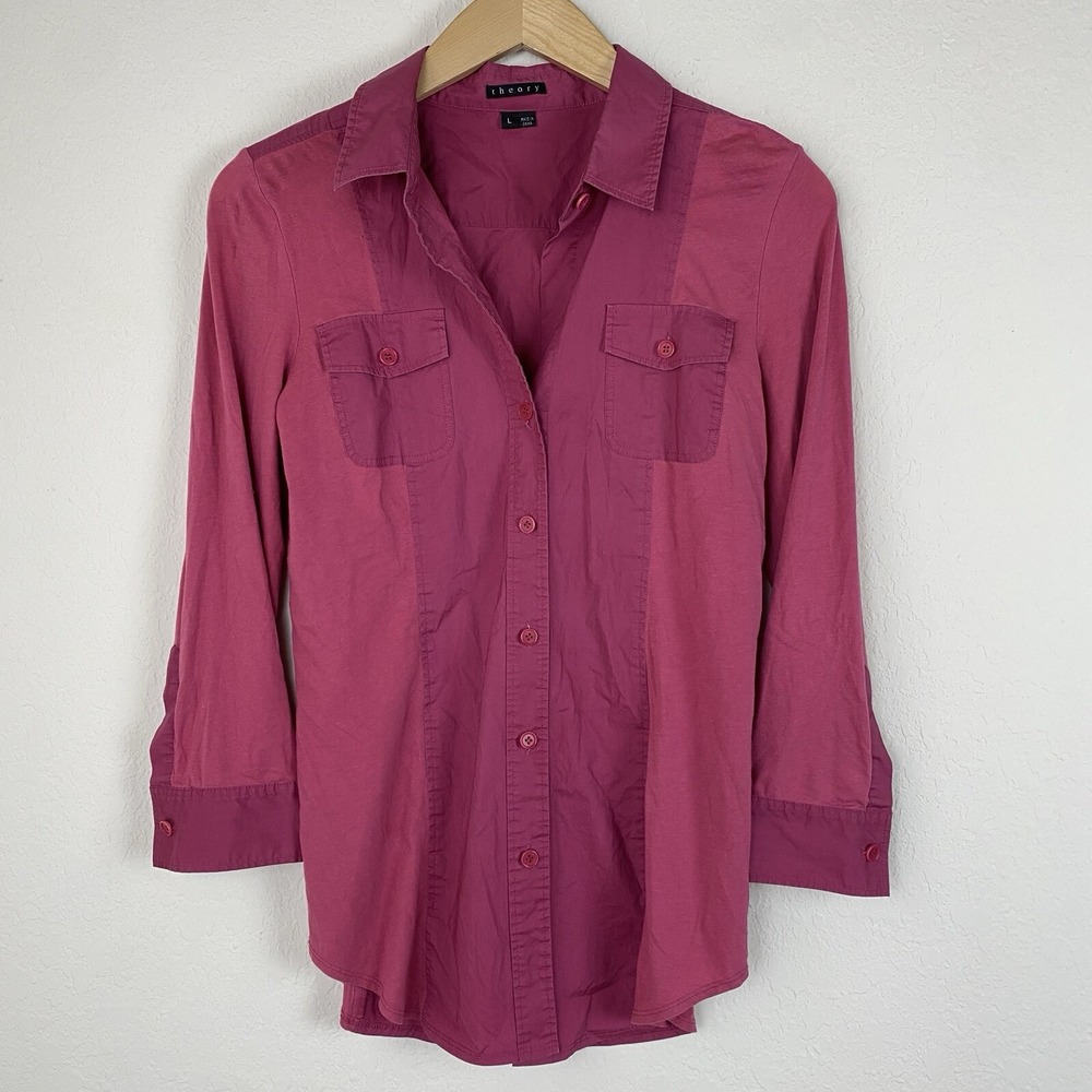Theory Cotton 3/4 Sleeve Button Down Shirt Pink Size L Dulcie Stretch